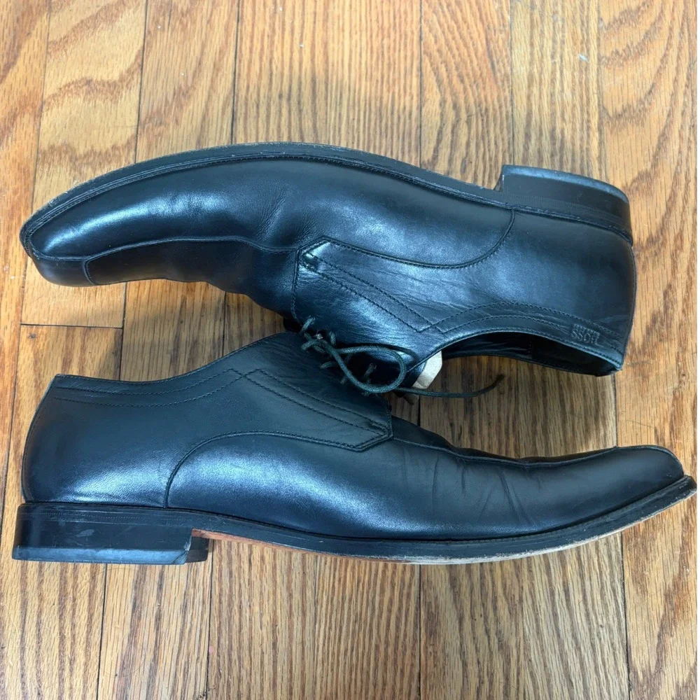 Hugo Boss Black Leather Square Toe Derby Dress Shoes Italy Classic Men's 11‎